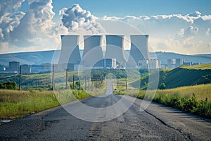 View from afar of a nuclear power plant, operating nuclear reactors against the backdrop of nature, peaceful atom