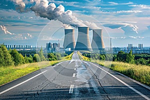 View from afar of a nuclear power plant, operating nuclear reactors against the backdrop of nature, peaceful atom