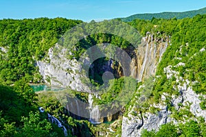 View from afar Veliki Slap Waterfall in Plitvice Lakes National Park, Croatia