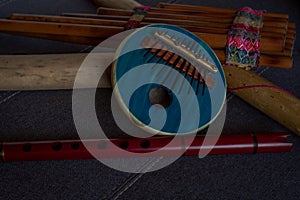 View of Afro-Peruvian instruments handmade in Peru. Concept of traditional Andean music