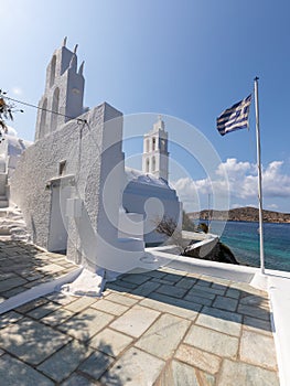 View of the Agia Irini, Saint Irene, Greek Orthodox church, Chora, Ios Island, Greece