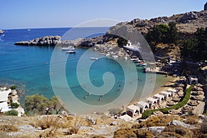 A view of Agios Pavlos Beach and St Paul\'s chapel in Rhodes