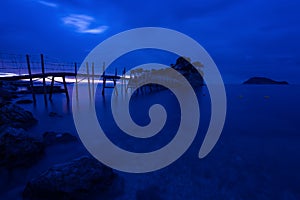 View from Agios Sostis and Cameo island with wooden bridge shot before sunrise . Zakynthos Greece.