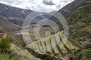 View at the agriculture Inca terraces used for plants farming, Archeological Park in Sacred Valley, Pisac near Cusco, Peru