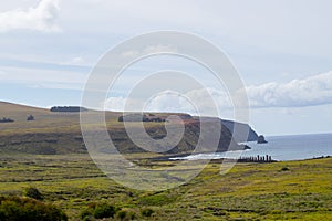 View of Ahu Tongariki and the coast of Easter Island from the crater of the Rano Raraku volcano, the quarry of the moais, Easter