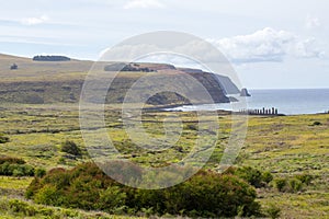 View of Ahu Tongariki and the coast of Easter Island from the crater of the Rano Raraku volcano, the quarry of the moais, Easter