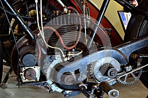 View of an air-cooled single-cylinder engine of a historic motorcycle
