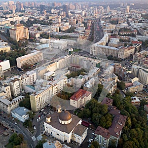 A view from the air to the central street of Kiev - Khreshchatyk, the European Square, Independence Square, Stalin and