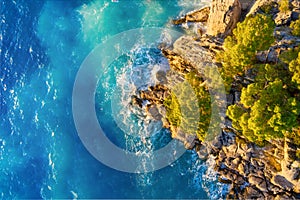 View from the air on the waves and rocks. Sea relaxation and travel. The forest near the sea. Azure water on the sea.