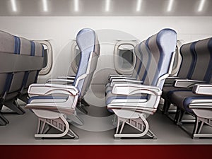 View of an airplane corridor with row of seats. 3D illustration