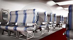 View of an airplane corridor with row of seats. 3D illustration