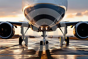 view of an airplane's landing gear in action as it rises from the runway, providing insight into the mechanics of