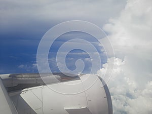 view from airplane window,airplane in the sky, wing of airplane, flight window view of blue sky.