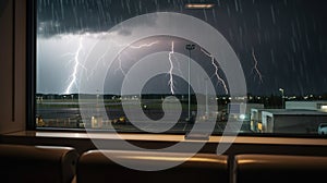 view from the airport window in a storm, thunderstorm, lightning. Generative AI