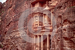 View of the Al-Khazneh Palace or Treasury in Petra, Jordan.