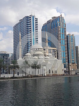 View of Al-Noor Mosque, Sharjah from the bridge leading to Al-Noor Island