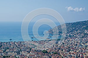 View of Alanya harbor before sunset. Beautiful sea landscape of Alanya Castle in Antalya district, Turkey.