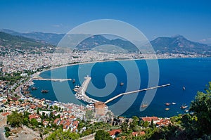 View of Alanya harbor before sunset. Beautiful sea landscape of Alanya Castle in Antalya district, Turkey.