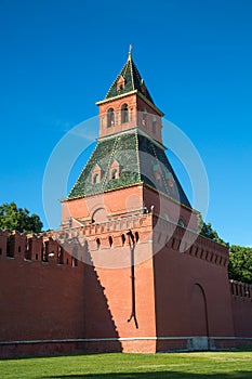 View of the Alarm tower of the Moscow Kremlin on a clear Sunny day.