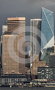 View of Alaskan Way and Pike Place Market from Alki Beach, Seattle, United States.