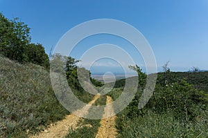 View of the Alazani Valley from a high mountain. Rocks and trees around. Earthen dirt road. Agrarian fields are visible. Clear