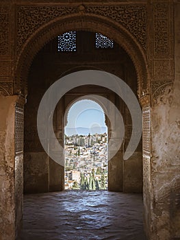 View of the Albaicin district of Granada from the window of the Alhambra palace