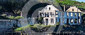 View of Alcataraz Island`s ruins of the Wardens House from the east side of the island