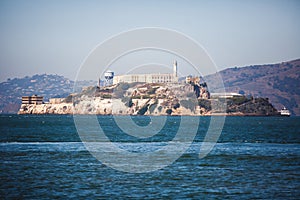 View of Alcatraz Island with famous prison in San Francisco Bay Area, California, United States, summer sunny day