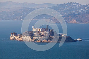 View of Alcatraz Island with famous prison in San Francisco Bay Area, California, United States, summer sunny day