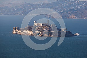 View of Alcatraz Island with famous prison in San Francisco Bay Area, California, United States, summer sunny day