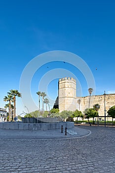 View of the Alcazar de Jerez 11th century fortress of Islamic origin in the town of Jerez de la Frontera.