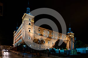 View of the Alcazar of Toledo at night in Toledo Spain