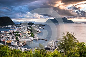 View of Alesund Center and Ocean at Dramatic Sunset