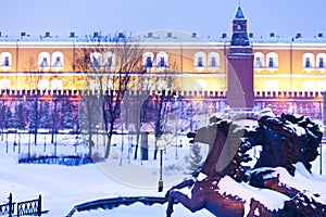 View of Alexander Garden in blue snowing evening, Moscow