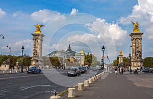 View of Alexander III Bridge over the River Seine, which connects the Grand Palais and the Petit Palais to the Hotel des Invalides