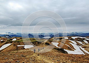 View on Alftavatn lake, glaciers, volcanoes, desert and mountains, Laugavegur trail, near Landmannalaugar, Fjallabak Nature