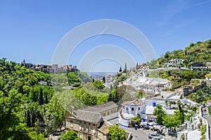 View of Alhambra with Gypsy Cave Sacromonte in Granada, Andalucia, Spain