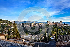 View of the Alhambra from the viewpoint of Albaicin, Granada, Andalusia