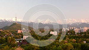 View of Almaty Tower and Tien Shan mountains. Almaty. Kazakhstan