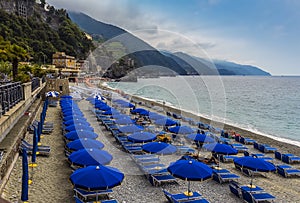 A view along the beach in the early morning at Monterosso al Mare, Italy