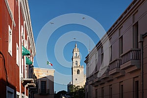 View along the colonial buildings to the tower of the cathedral of Merida, Yucatan, Mexico