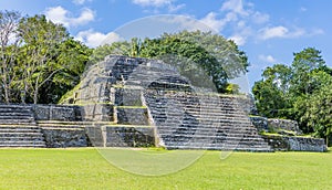 A view along the far side of the first plaza in the ancient Mayan city ruins of Altun Ha in Belize