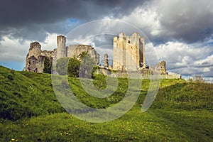 A view along the grass track towards the motte and bailey castle at Conisbrough, UK