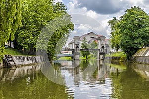 A view along the Ljubljanica River towards the Sluice gate in Ljubljana