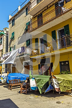 A view along the main street in the picturesque village of Manarola, Cinque Terre, Italy