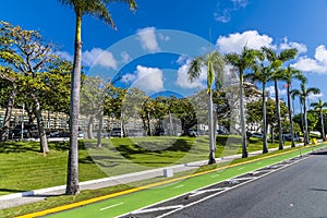 A view along the palm tree lined Constitutional Avenue in San Juan, Puerto Rico