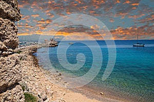 View along of Pl. Neoriou, Mandraki Marina Port, Rhodes island, Greece, from the ramparts of Saint Paul Gate