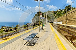 A view along the platform on the station at Corniglia, Italy towards the village