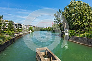 View along the Reuss river in the Swiss town of Bremgarten