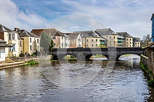 A view along the River Cleddau towards the road bridge in Haverfordwest, Pembrokeshire, Wales